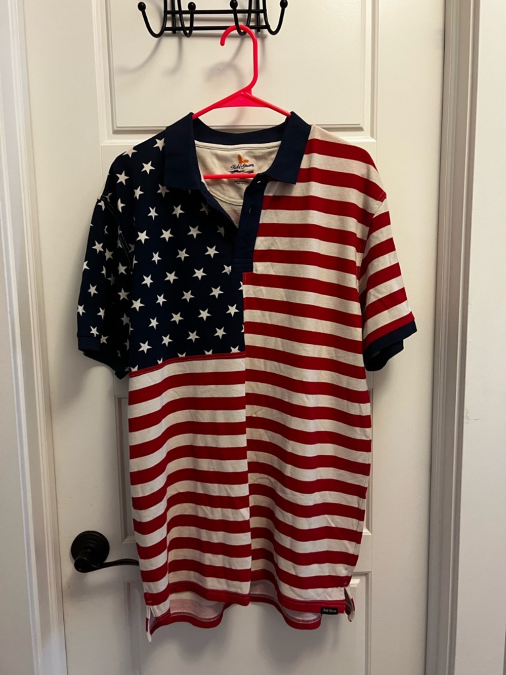 Field & Stream Navy Collar Polo with American Flag printed material